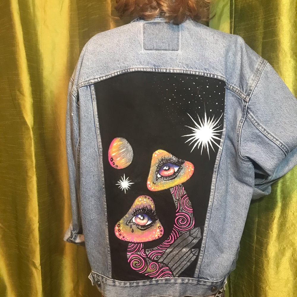 Levi’s Up-cycle blue jean jacket painted mushrooms